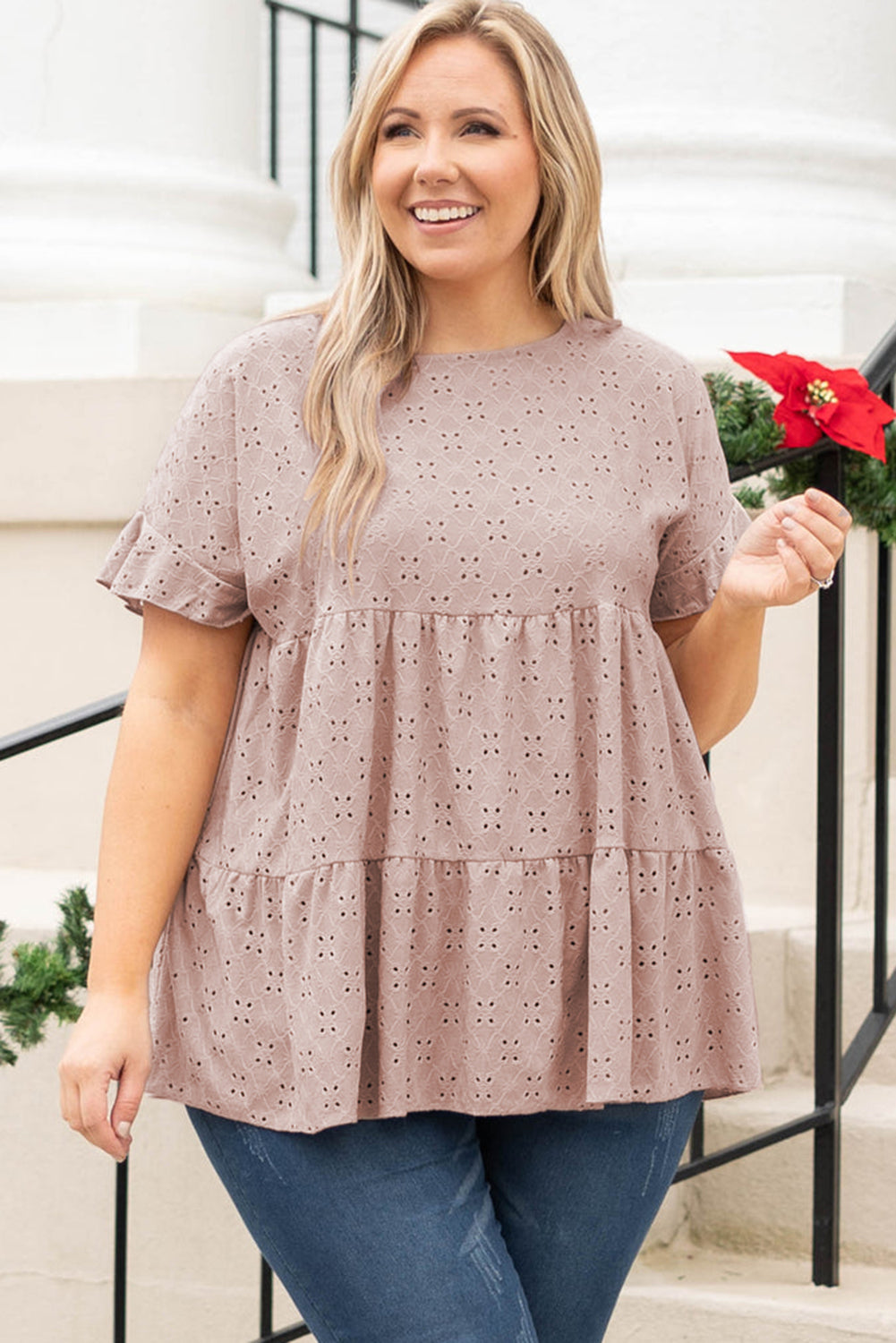 Plus Size Eyelet Pattern Ruffle Sleeve Babydoll Top