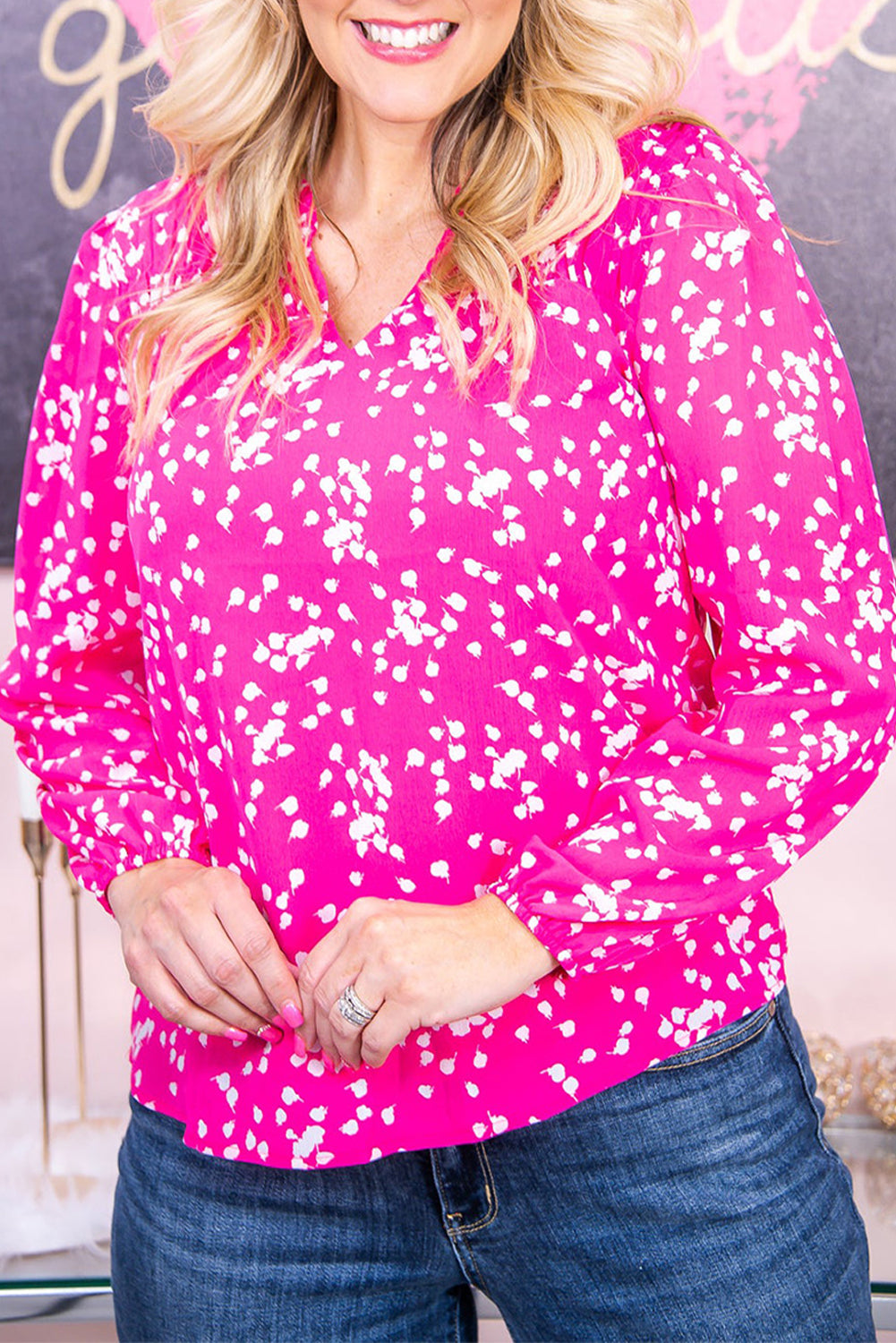 Plus Size Floral Print Ruched Split Neck Blouse