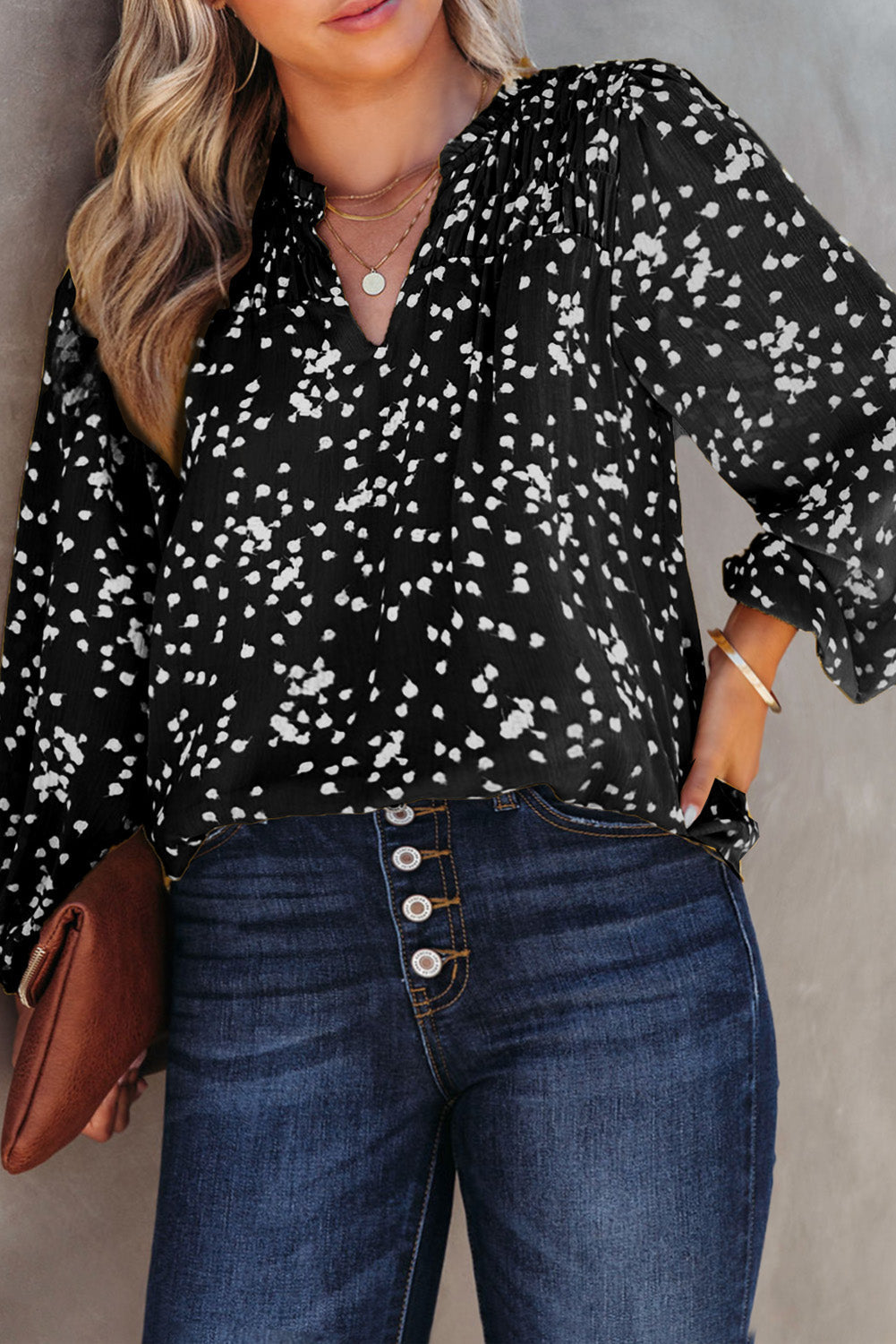 Plus Size Floral Print Ruched Split Neck Blouse