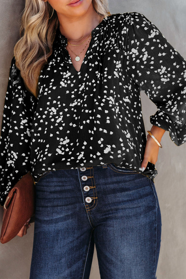Plus Size Floral Print Ruched Split Neck Blouse