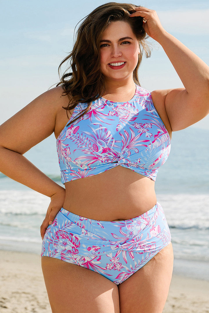 Plus Size Floral Print Twisted High Waist Bikini Set