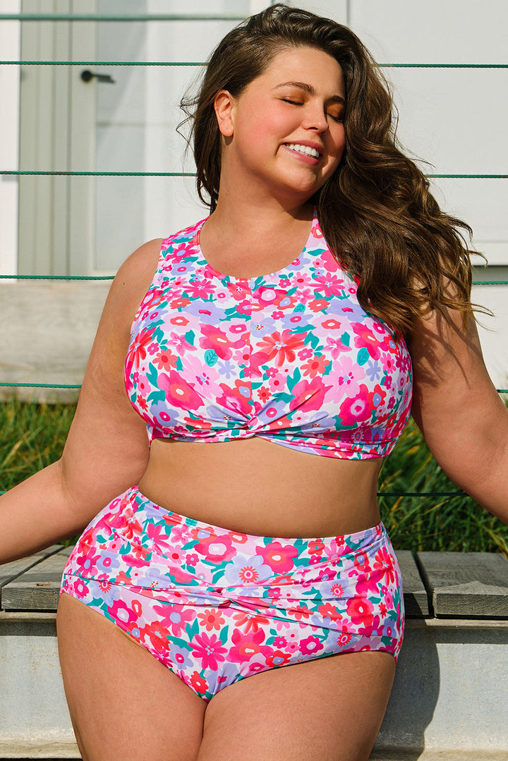 Plus Size Floral Print Twisted High Waist Bikini Set