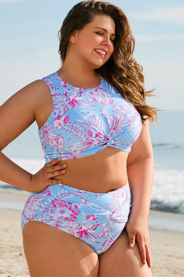 Plus Size Floral Print Twisted High Waist Bikini Set