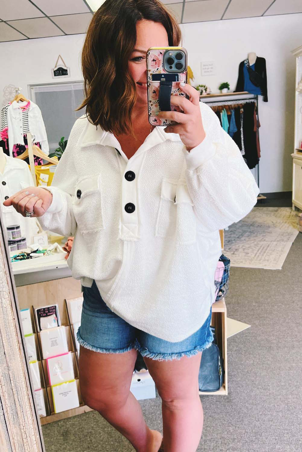 Plus Size Long Sleeve Flap Pocket Henley Top