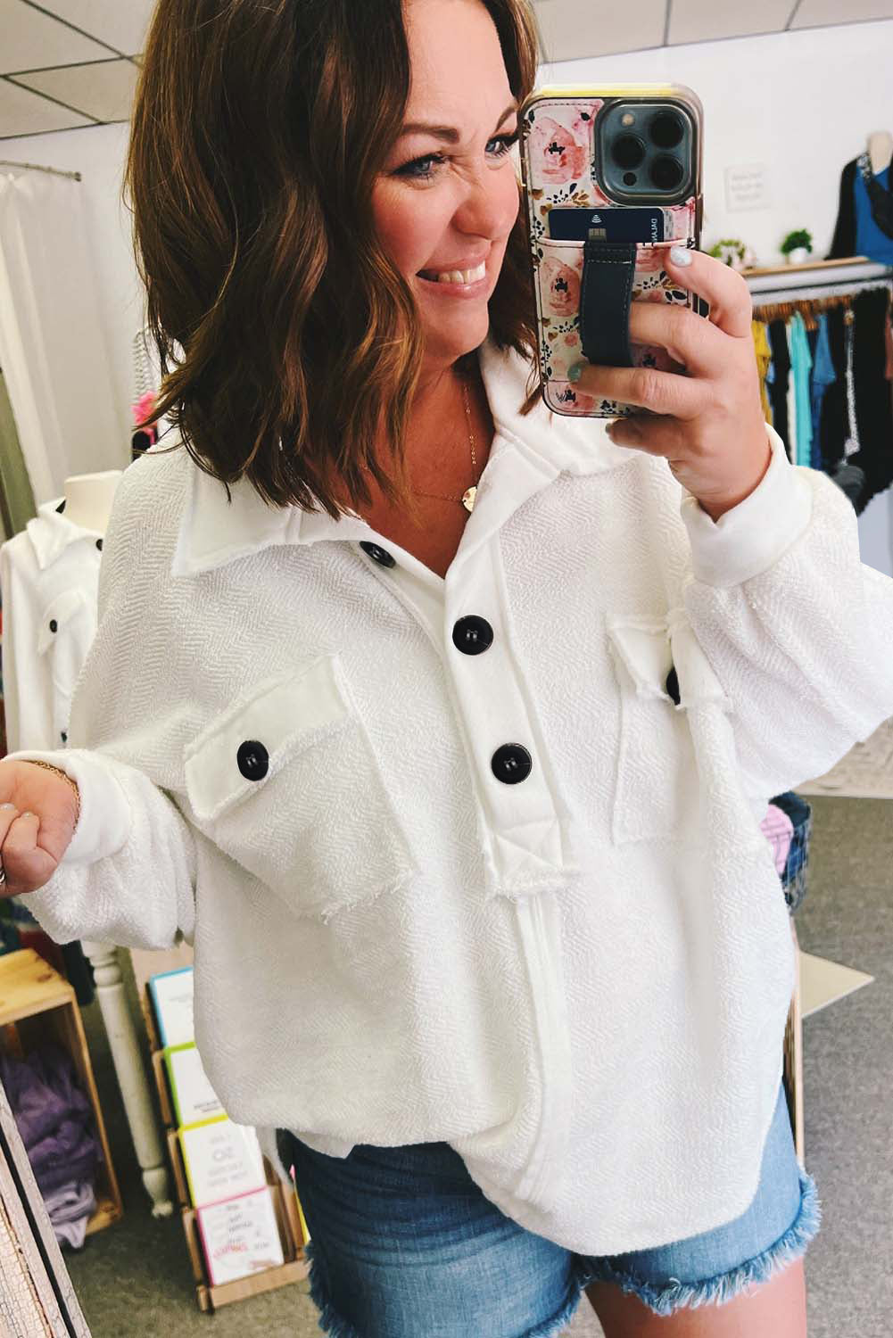 Plus Size Long Sleeve Flap Pocket Henley Top
