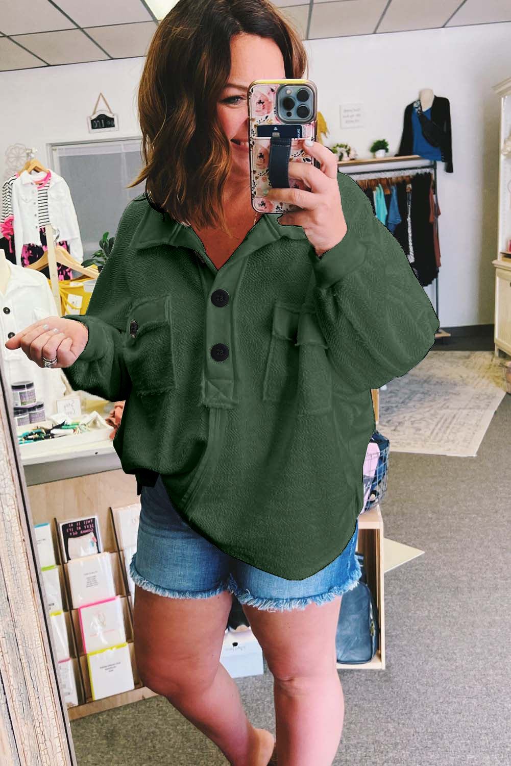 Plus Size Long Sleeve Flap Pocket Henley Top