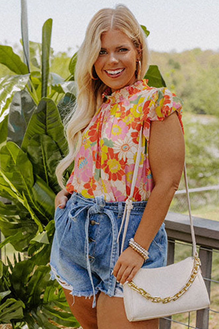 Plus Size Mock Neck Ruffle Sleeve Floral Blouse