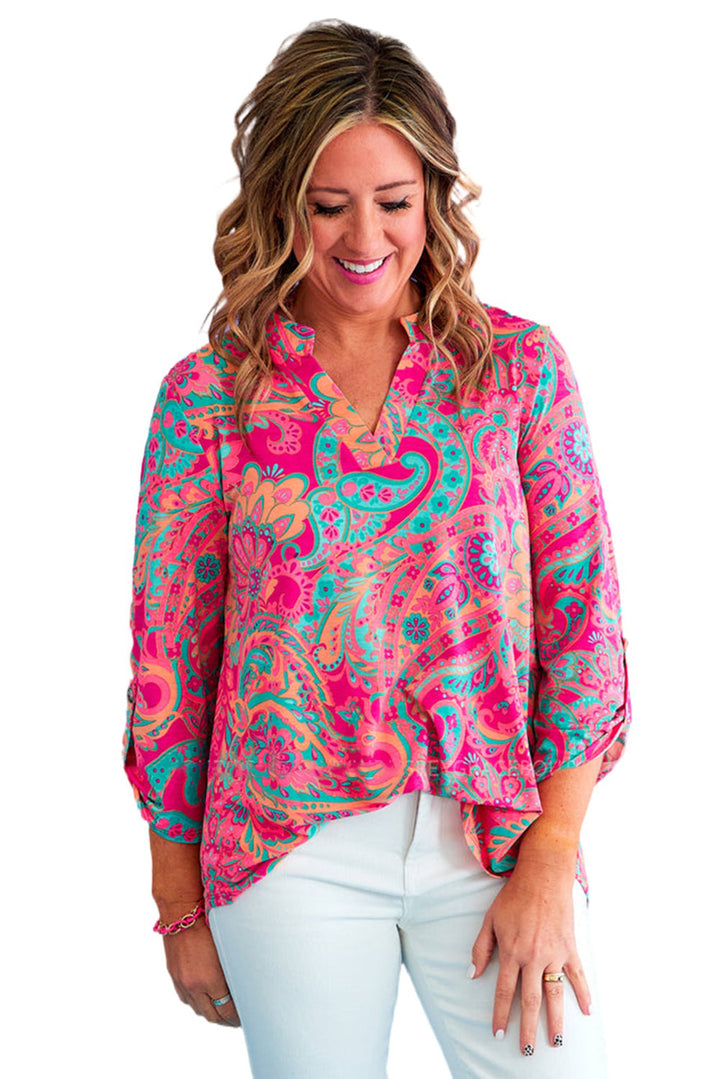 Plus Size Paisley Print V Neck Roll Tab Sleeve Blouse