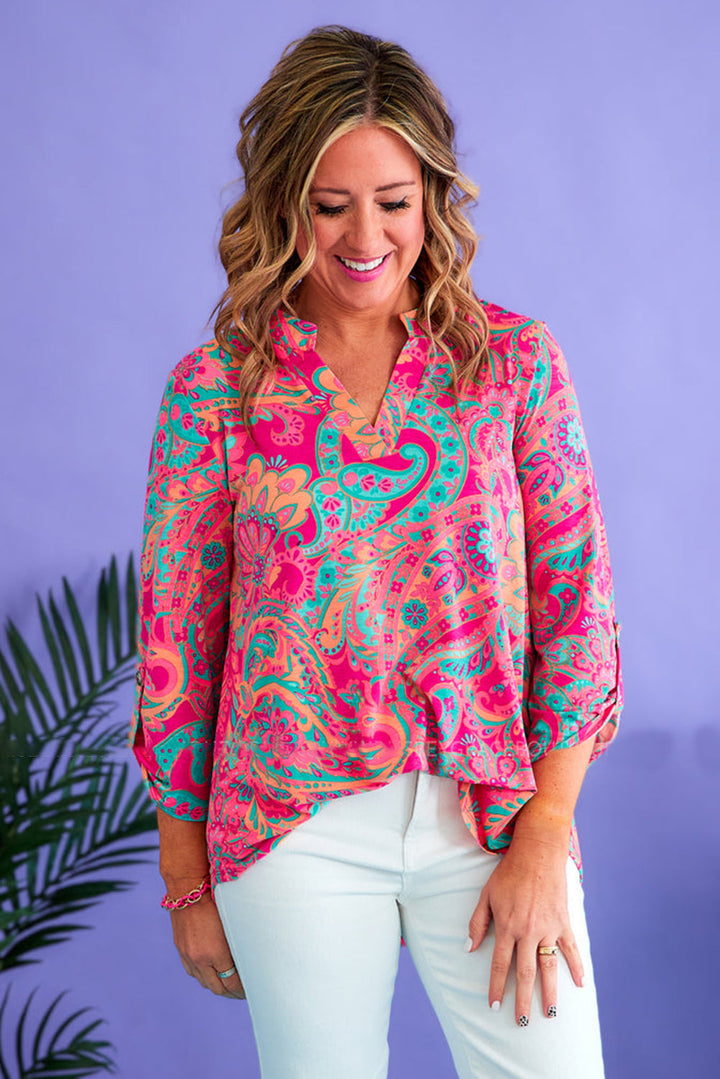 Plus Size Paisley Print V Neck Roll Tab Sleeve Blouse