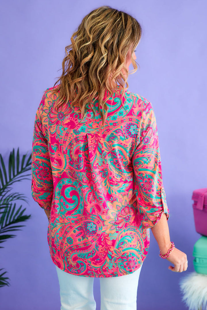Plus Size Paisley Print V Neck Roll Tab Sleeve Blouse