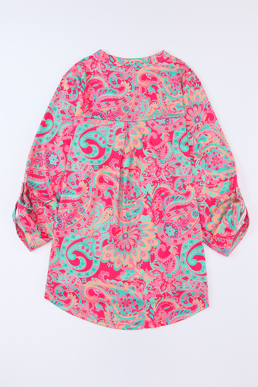 Plus Size Paisley Print V Neck Roll Tab Sleeve Blouse