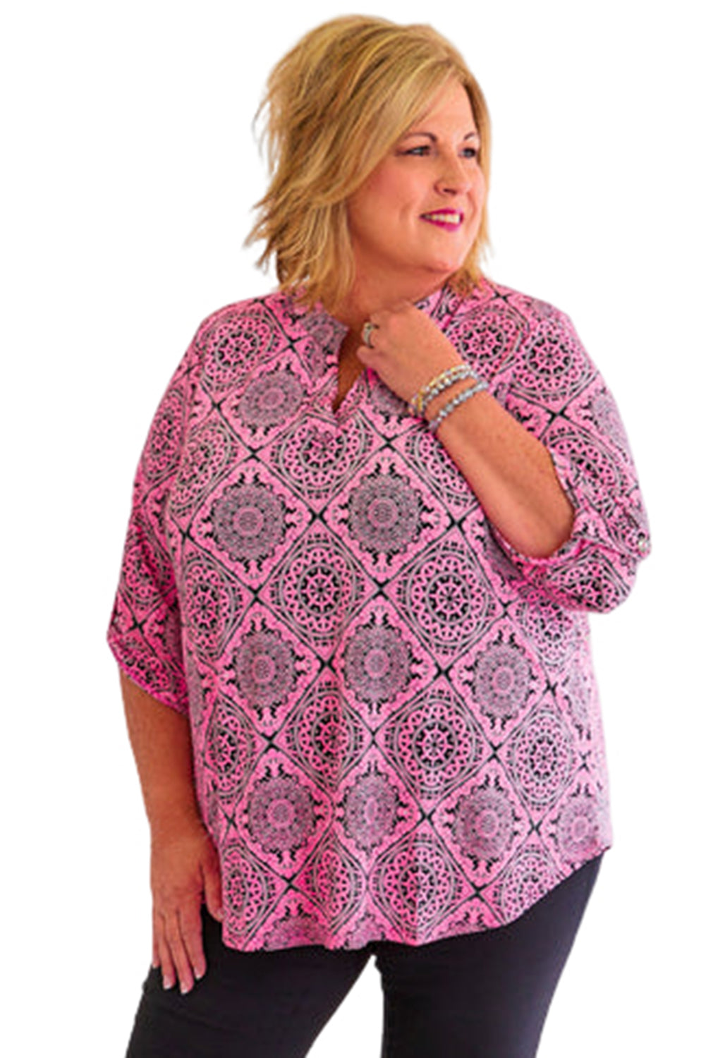 Plus Size Paisley Print V Neck Roll Tab Sleeve Blouse