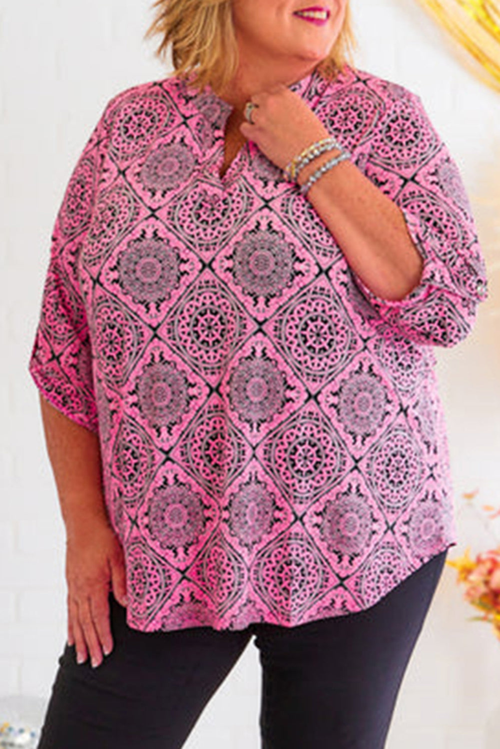 Plus Size Paisley Print V Neck Roll Tab Sleeve Blouse