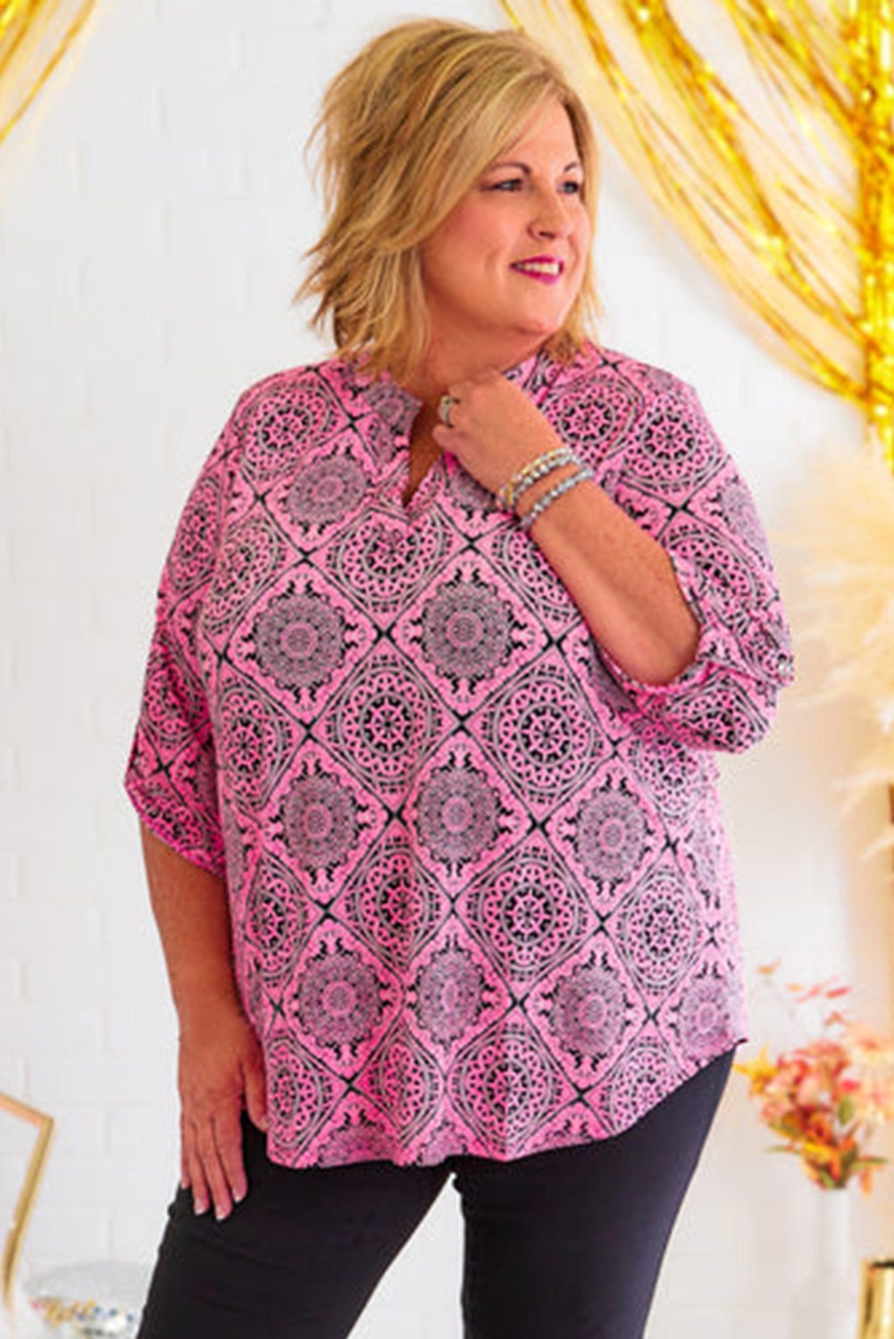 Plus Size Paisley Print V Neck Roll Tab Sleeve Blouse