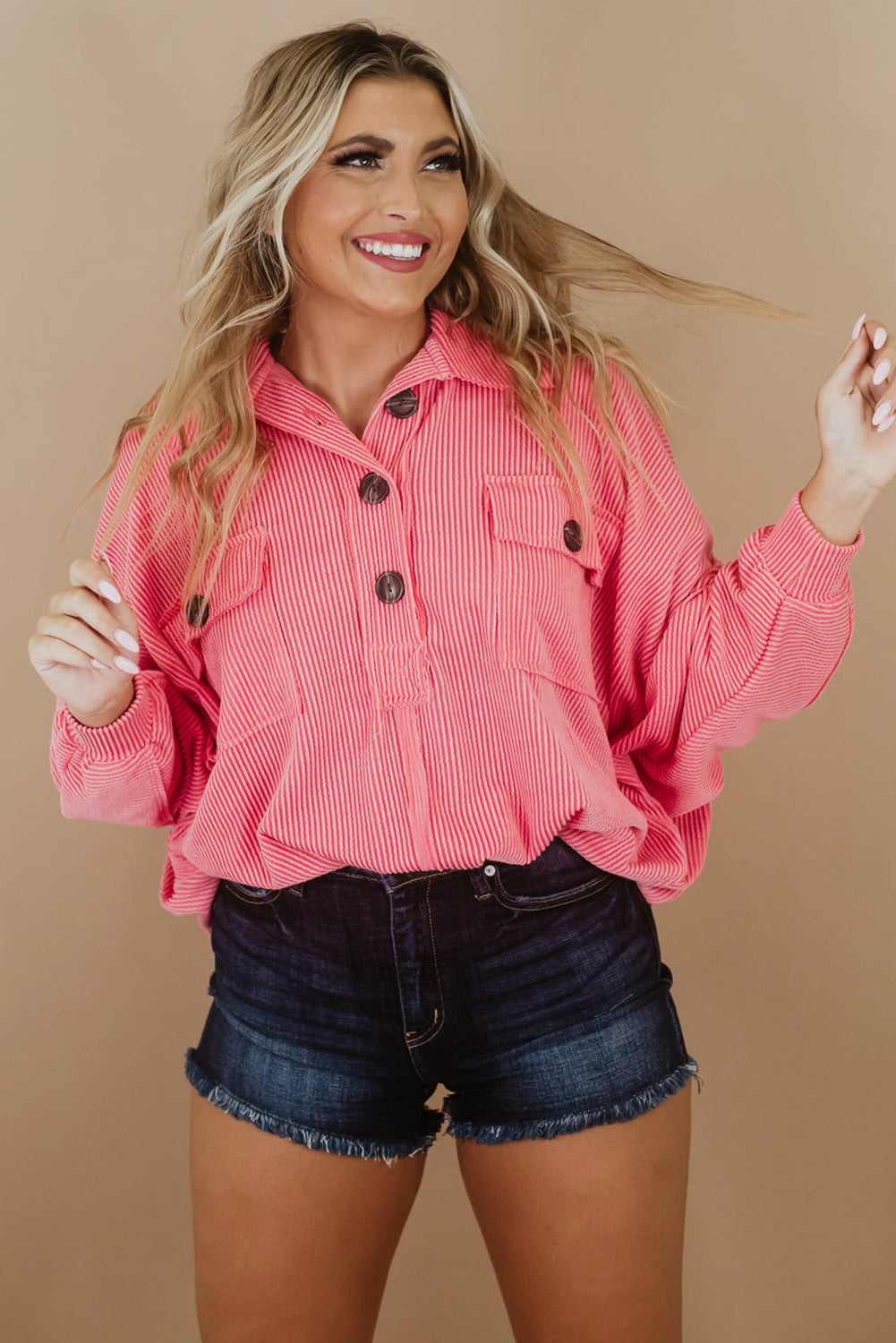 Plus Size Ribbed Pocketed Long Sleeve Henley Top