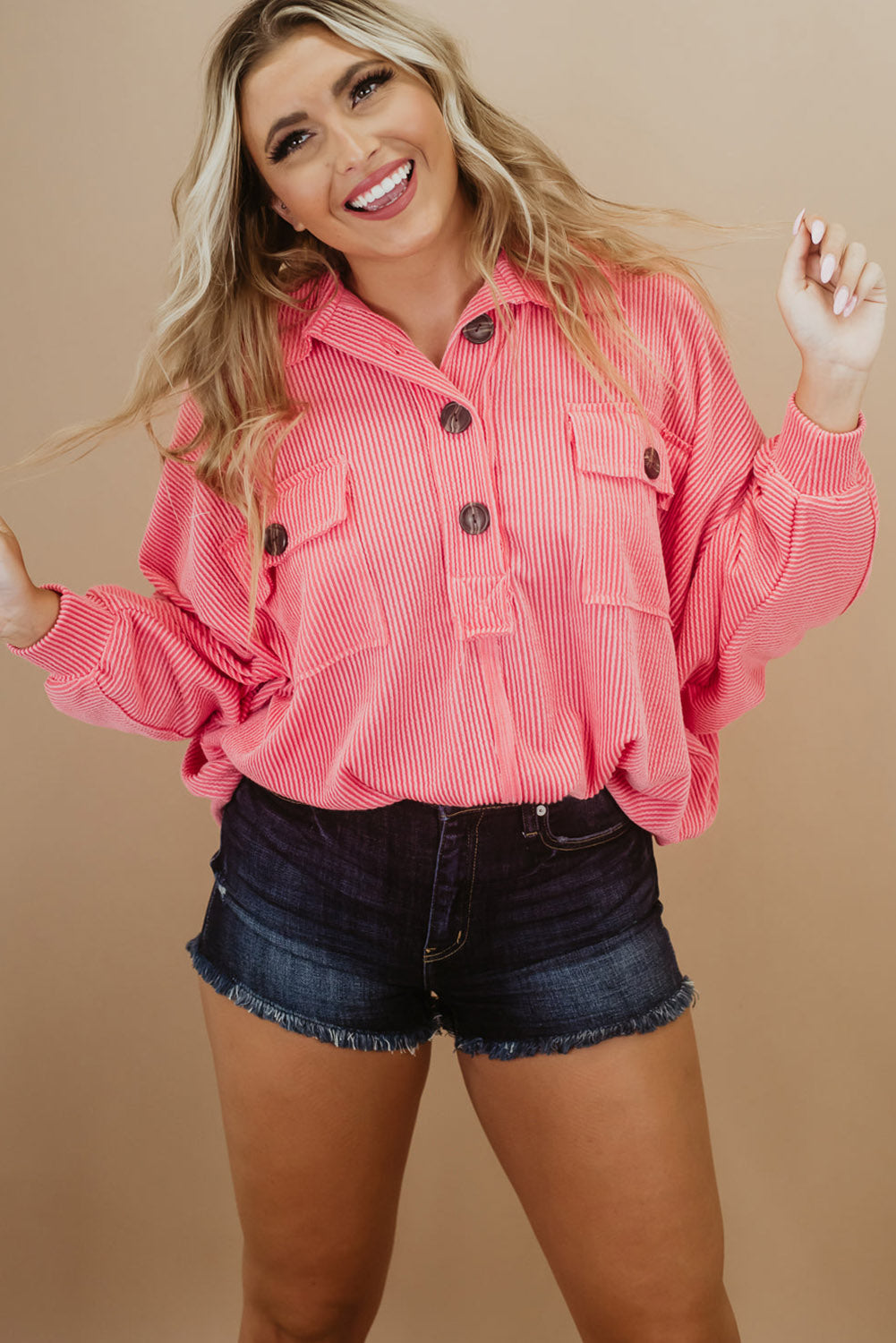 Plus Size Ribbed Pocketed Long Sleeve Henley Top