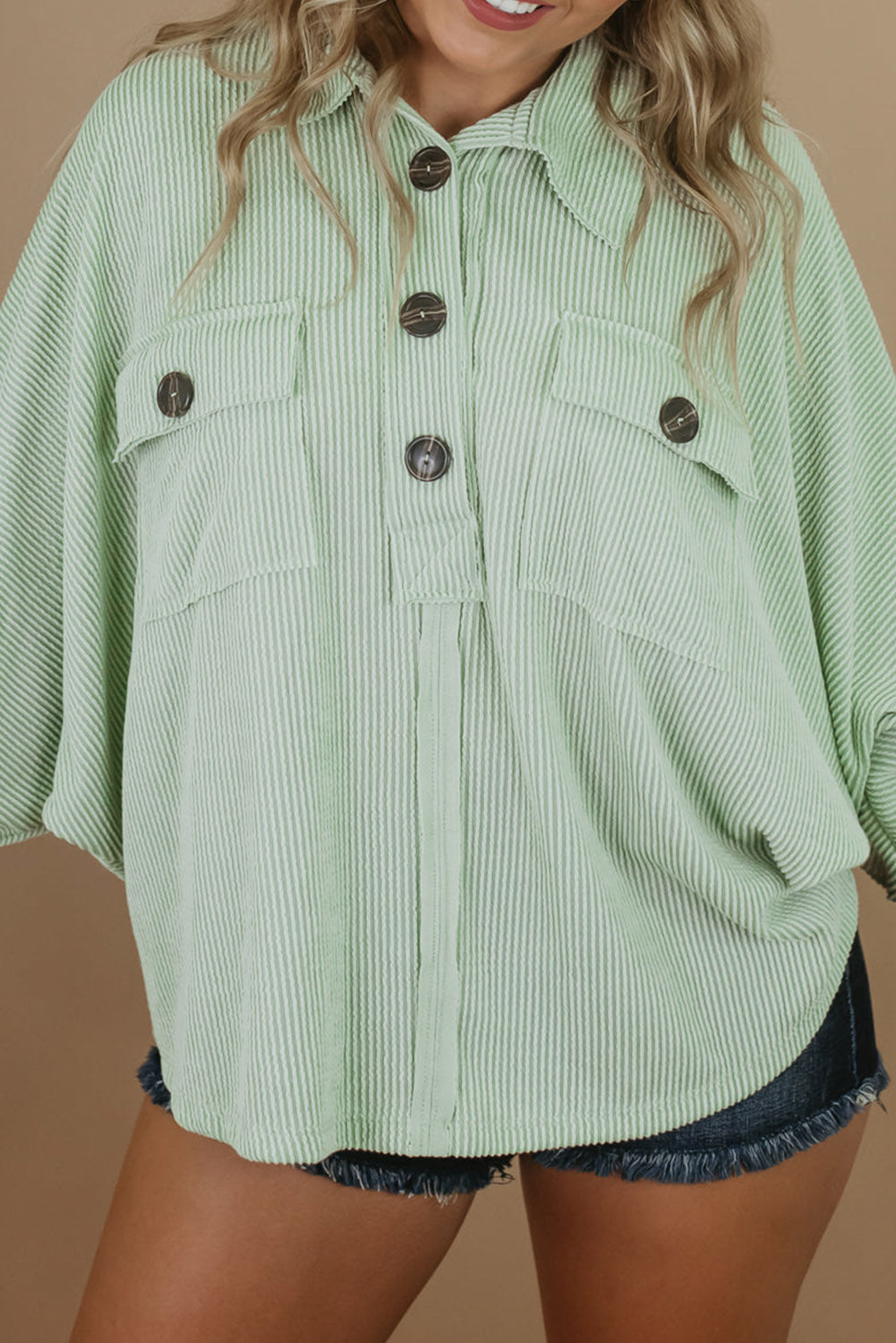 Plus Size Ribbed Pocketed Long Sleeve Henley Top