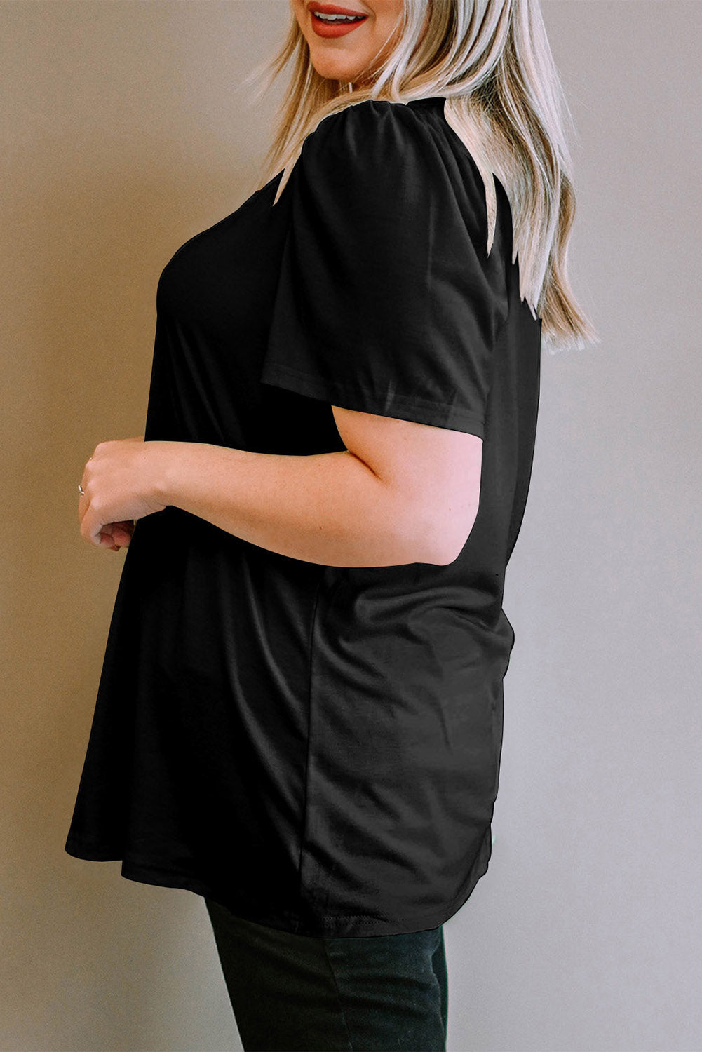 Plus Size Square Neck Ruched Shoulder Short Sleeve Top