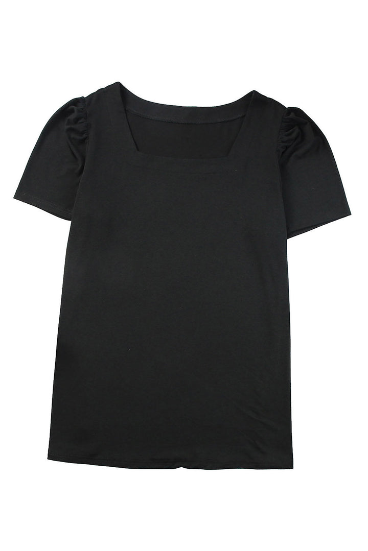 Plus Size Square Neck Ruched Shoulder Short Sleeve Top