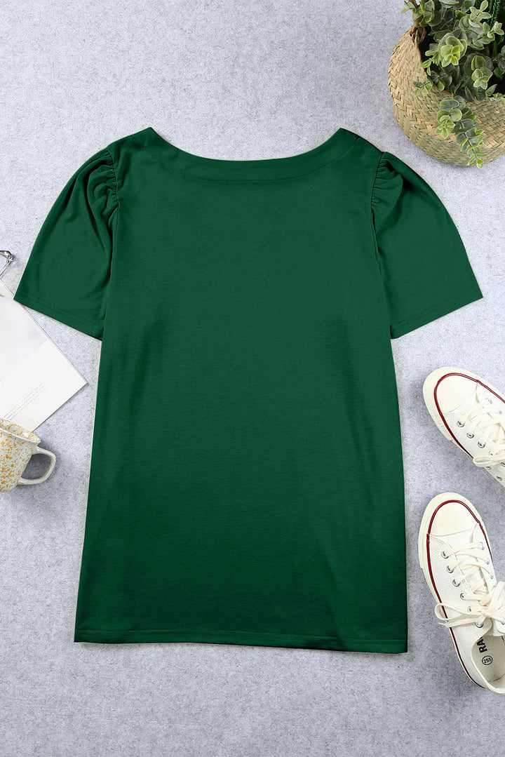 Plus Size Square Neck Ruched Shoulder Short Sleeve Top