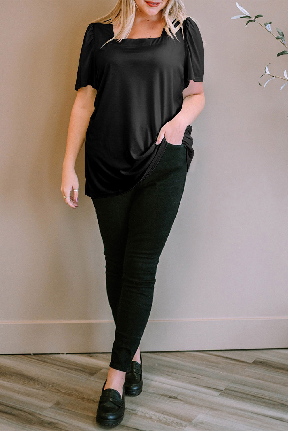 Plus Size Square Neck Ruched Shoulder Short Sleeve Top
