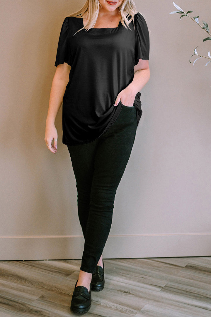 Plus Size Square Neck Ruched Shoulder Short Sleeve Top