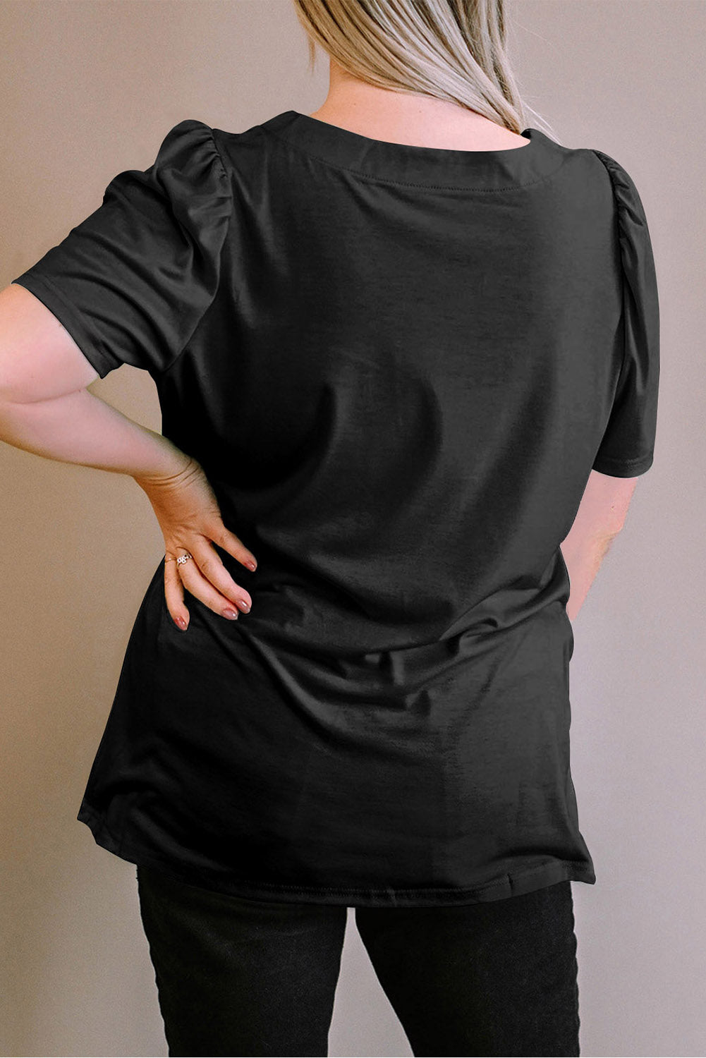 Plus Size Square Neck Ruched Shoulder Short Sleeve Top