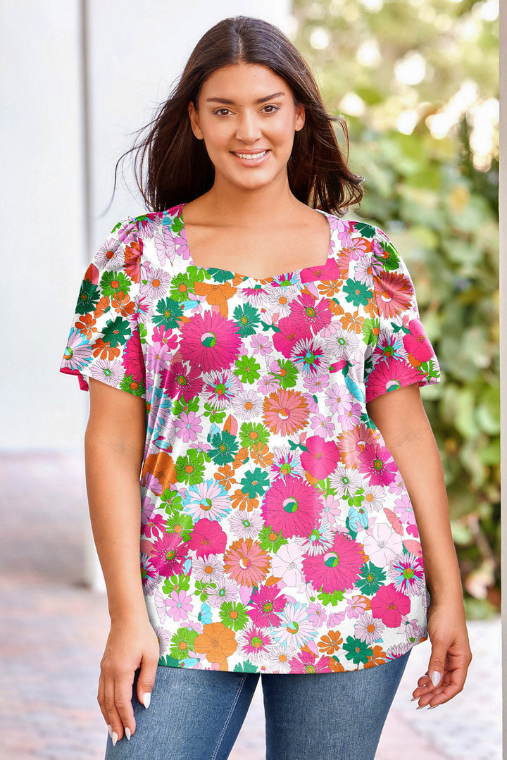 Plus Size Square Neck Ruched Shoulder Short Sleeve Top