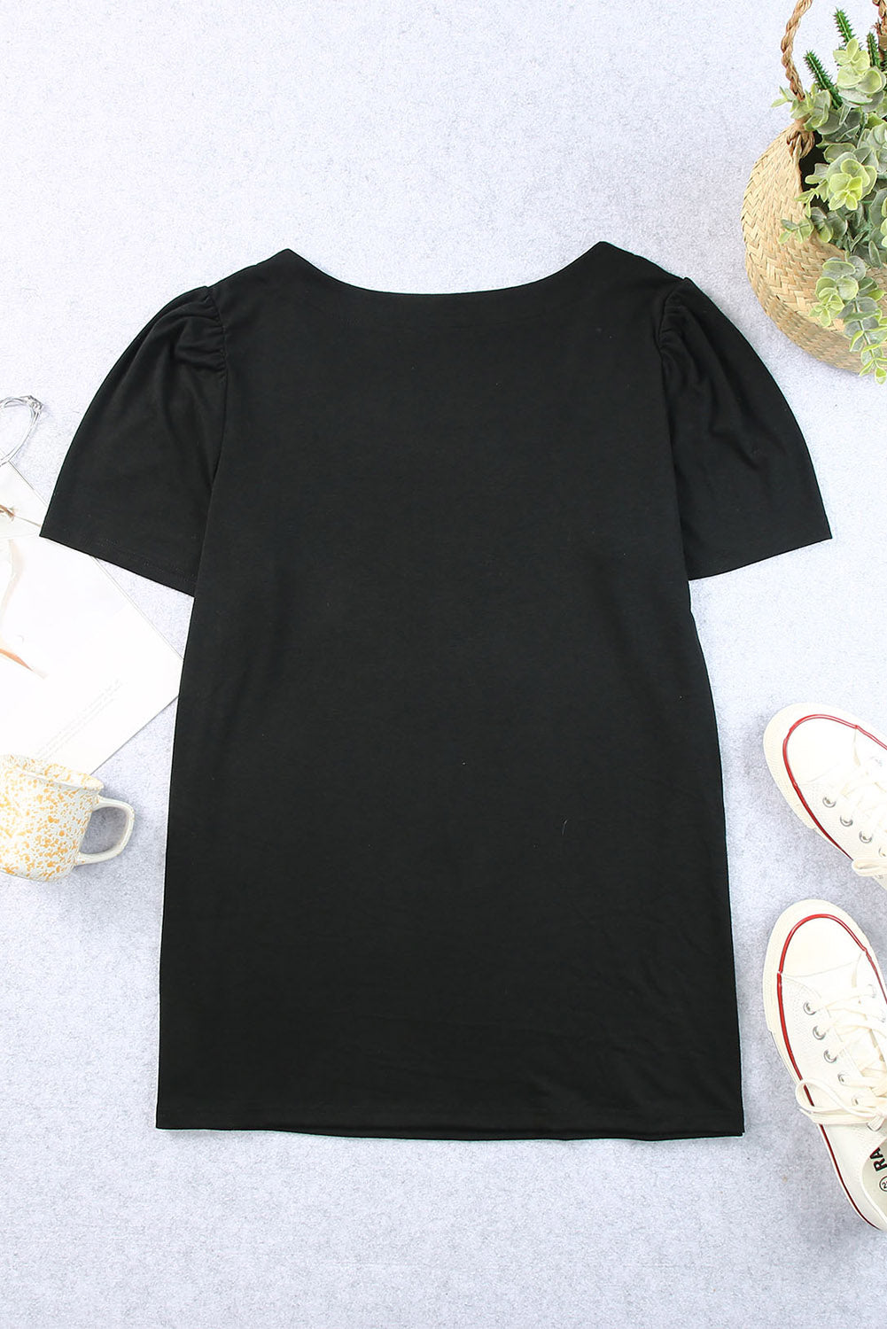 Plus Size Square Neck Ruched Shoulder Short Sleeve Top