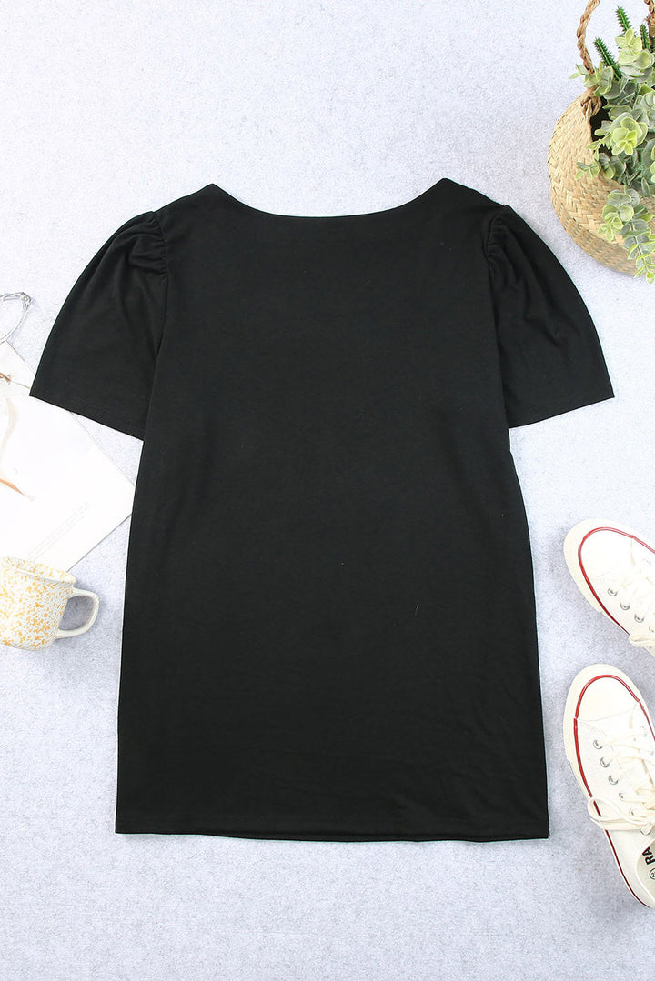 Plus Size Square Neck Ruched Shoulder Short Sleeve Top
