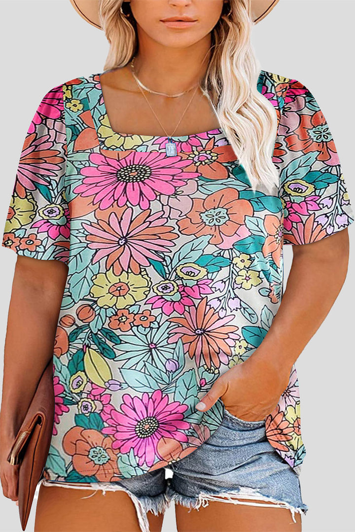 Plus Size Square Neck Ruched Shoulder Short Sleeve Top