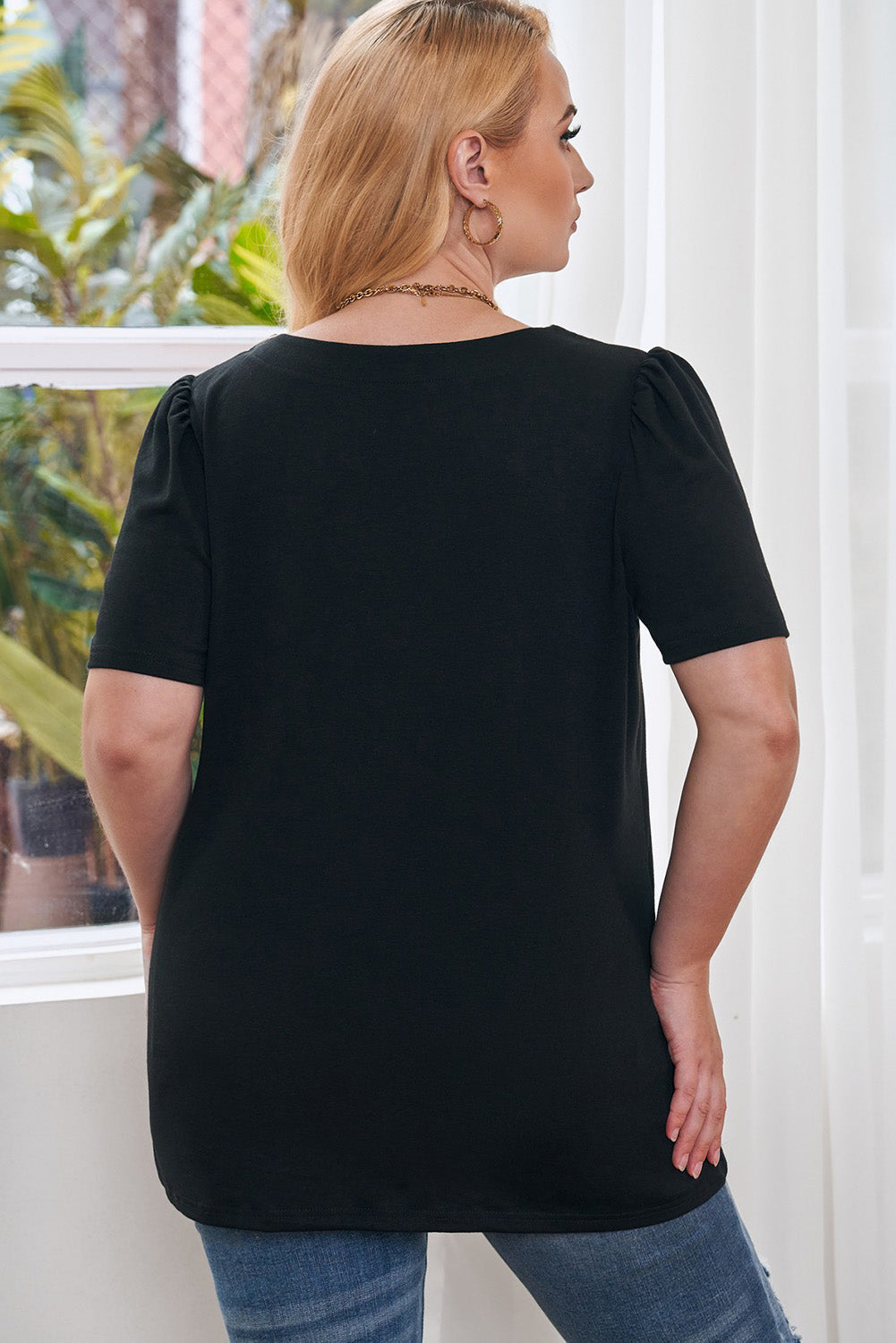 Plus Size Square Neck Ruched Shoulder Short Sleeve Top
