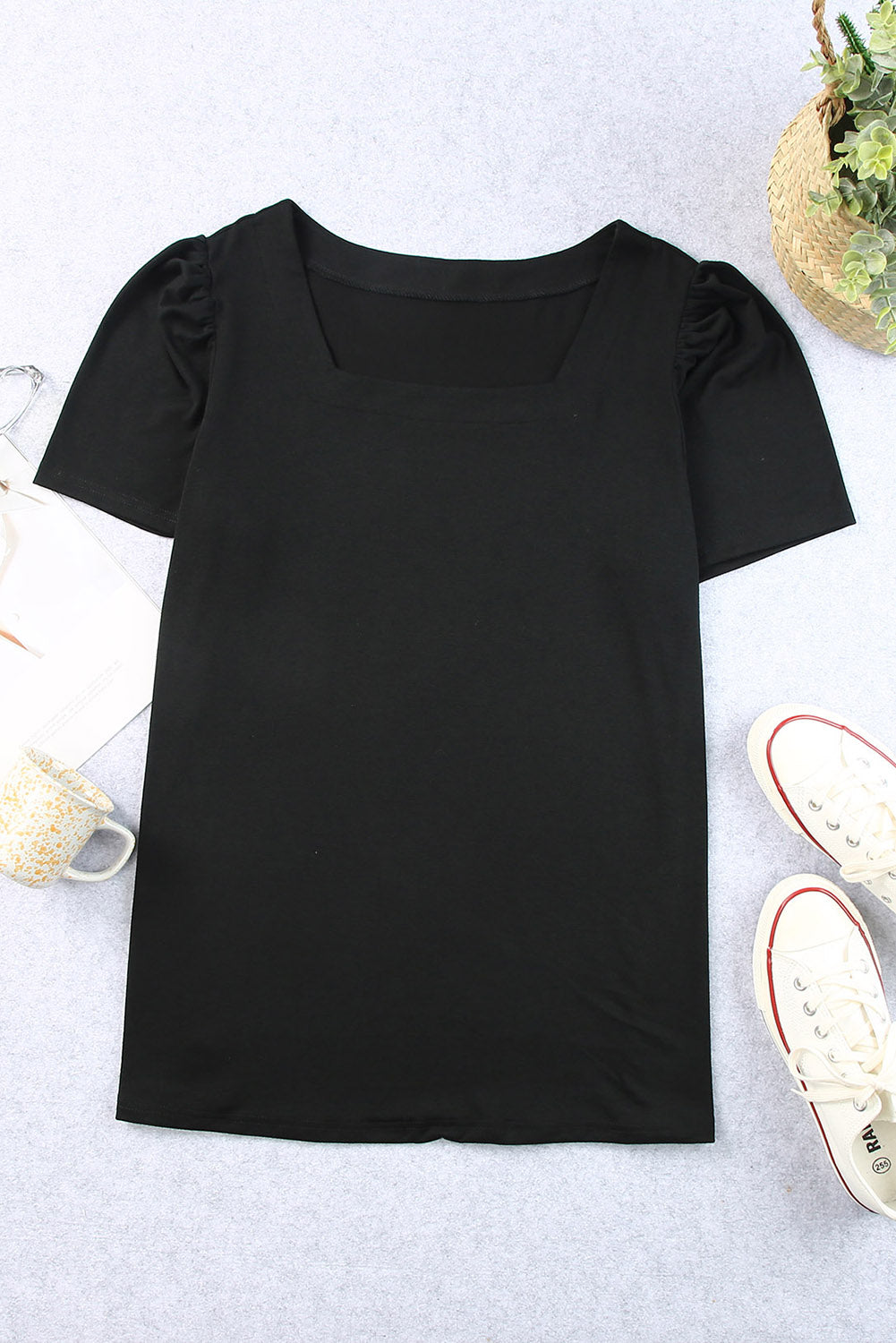 Plus Size Square Neck Ruched Shoulder Short Sleeve Top
