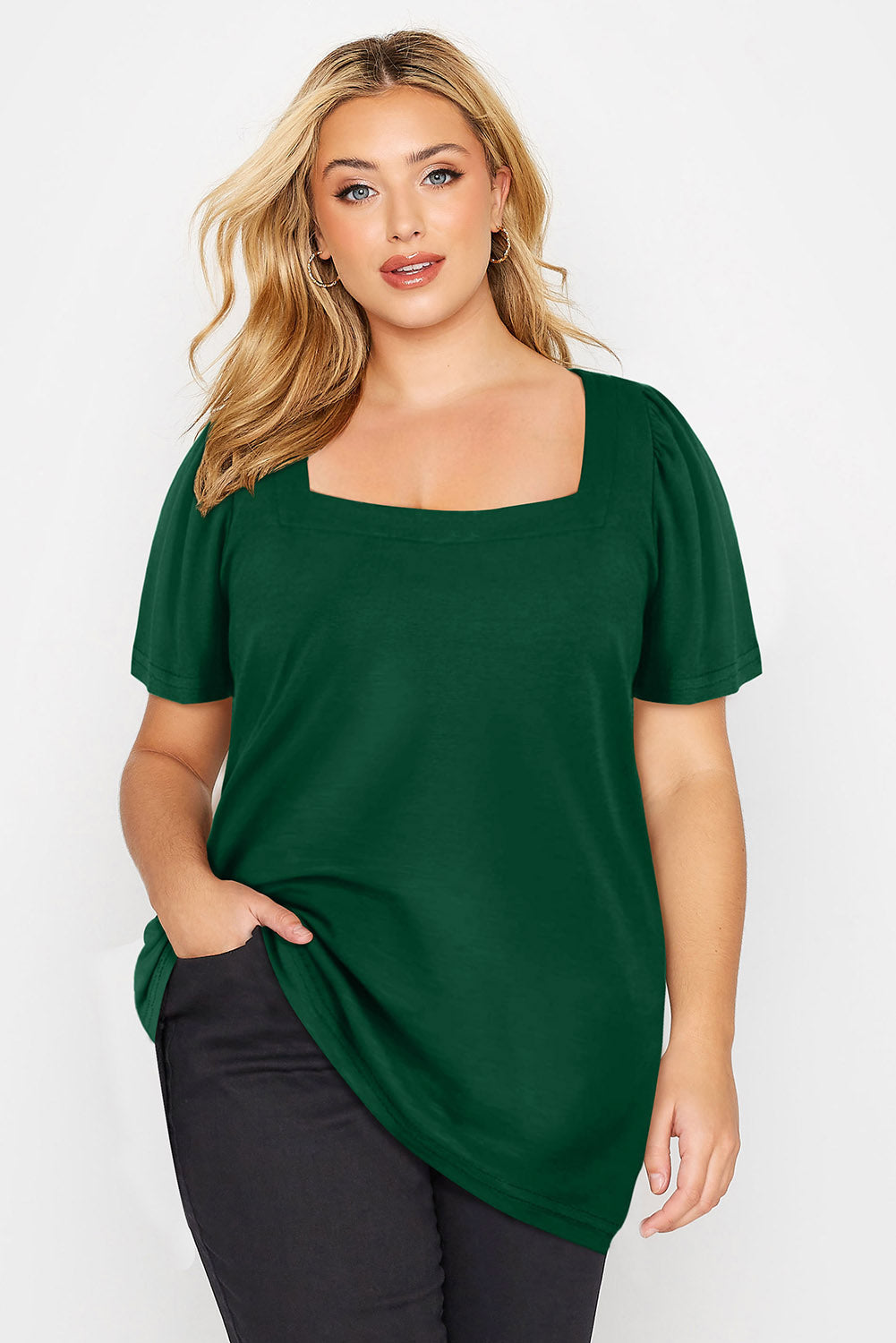 Plus Size Square Neck Ruched Shoulder Short Sleeve Top