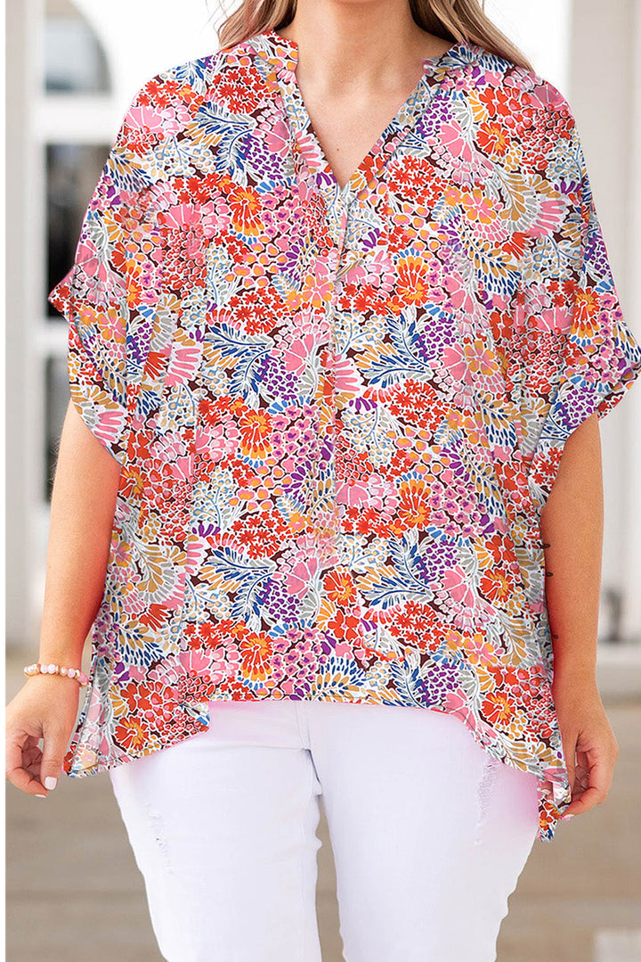 Print V Neck Half Sleeve Plus Size Blouse