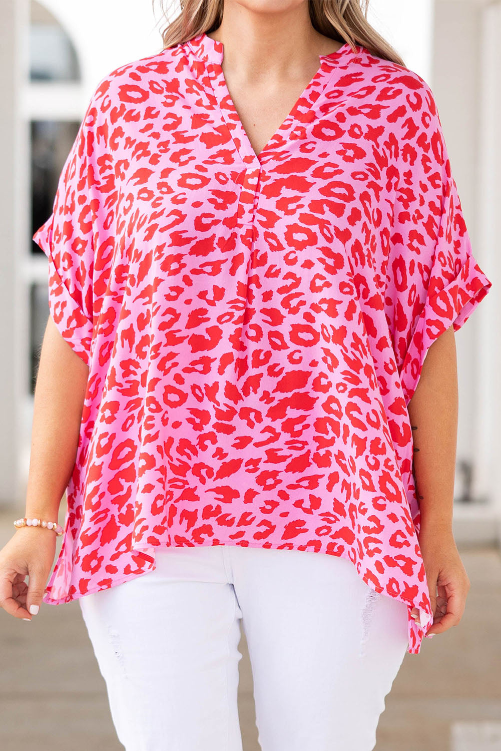 Print V Neck Half Sleeve Plus Size Blouse
