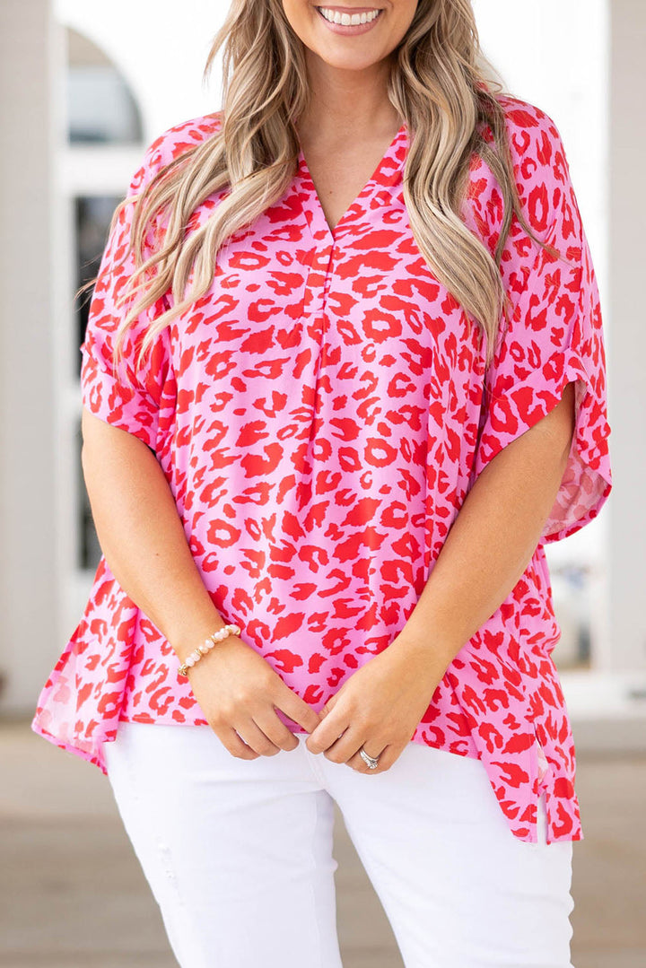 Print V Neck Half Sleeve Plus Size Blouse
