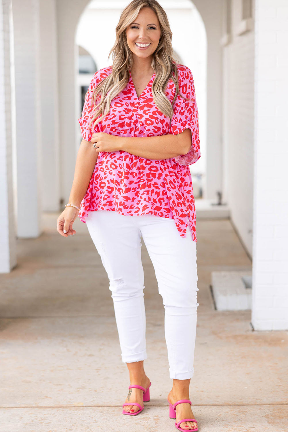 Print V Neck Half Sleeve Plus Size Blouse