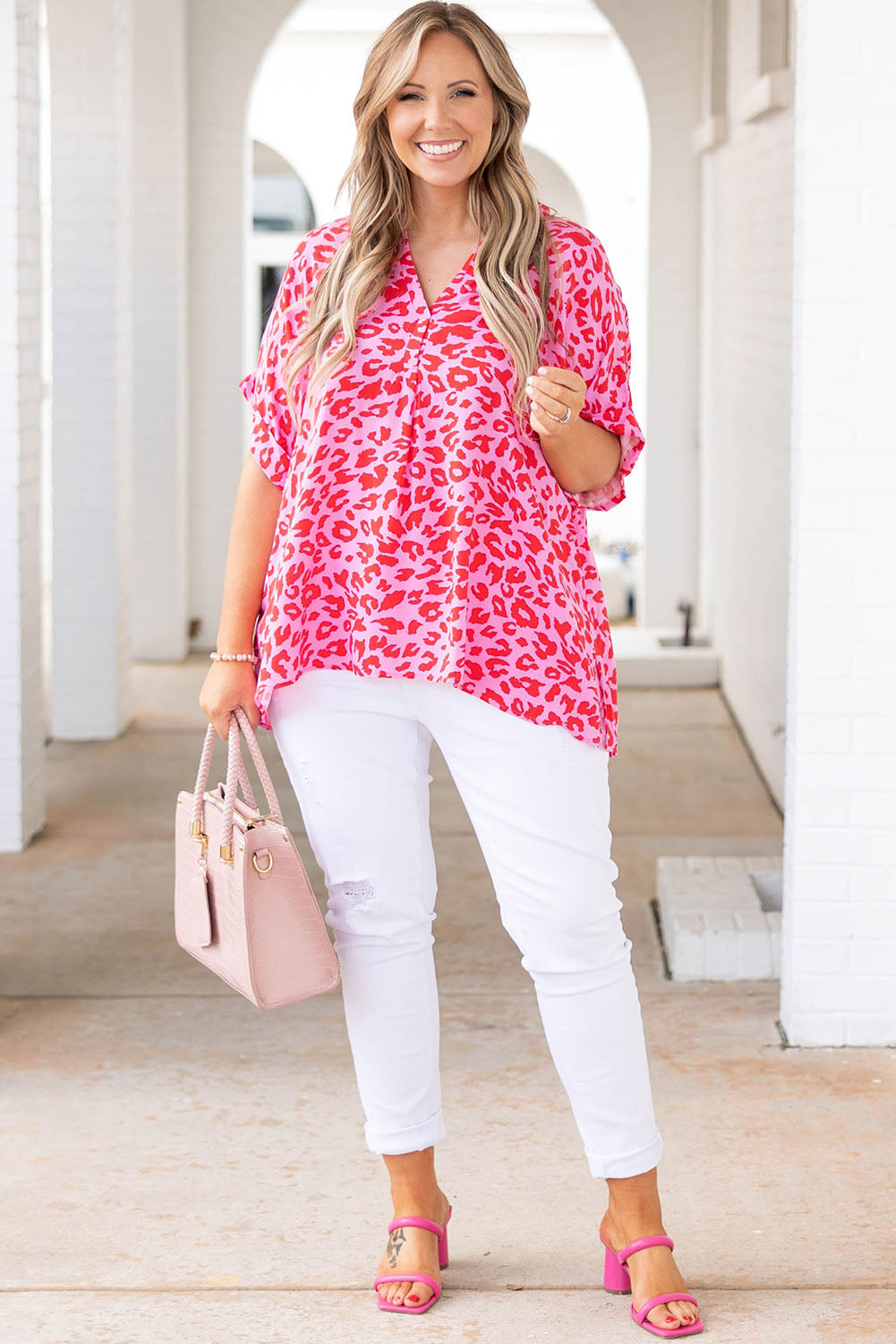 Print V Neck Half Sleeve Plus Size Blouse