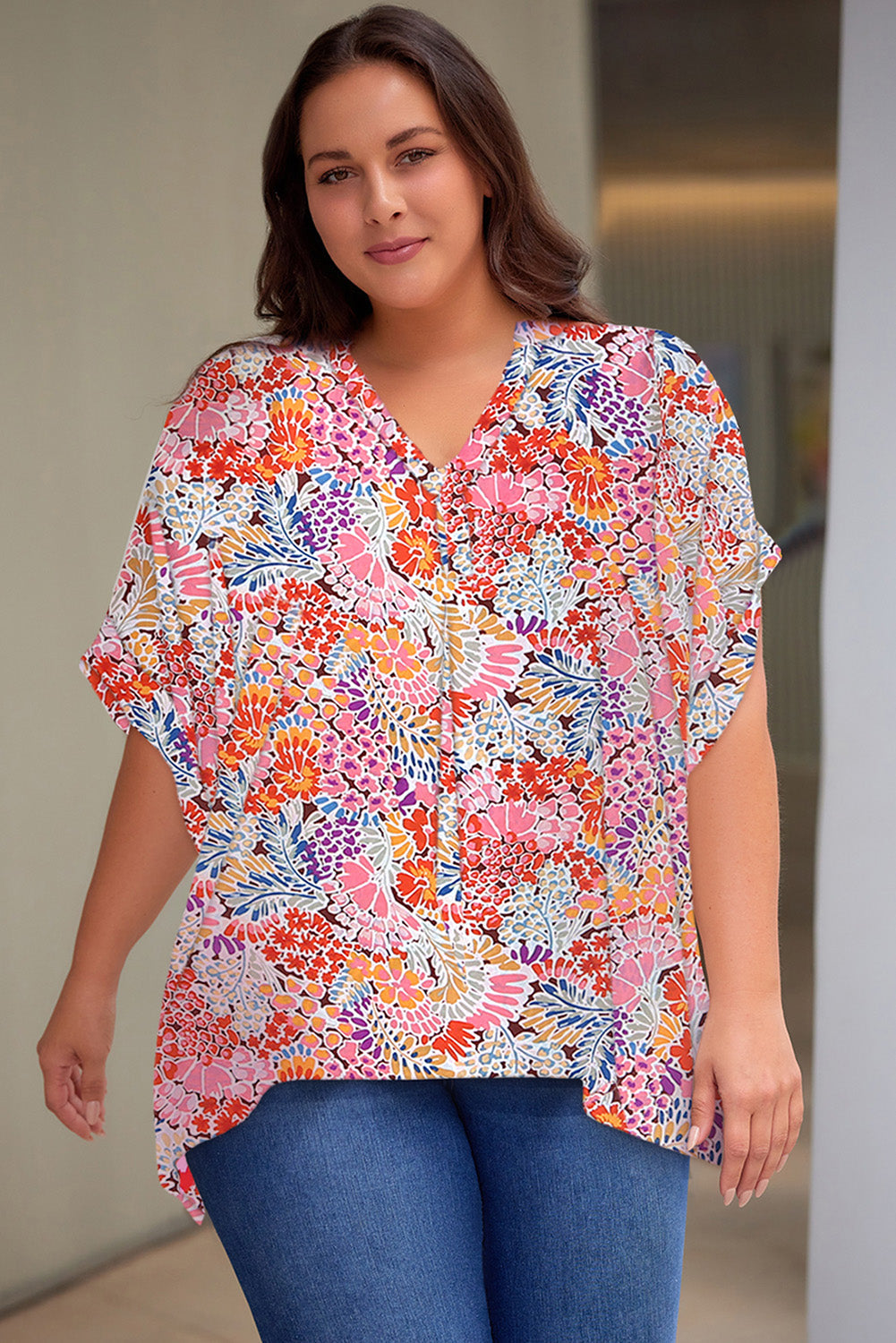 Print V Neck Half Sleeve Plus Size Blouse