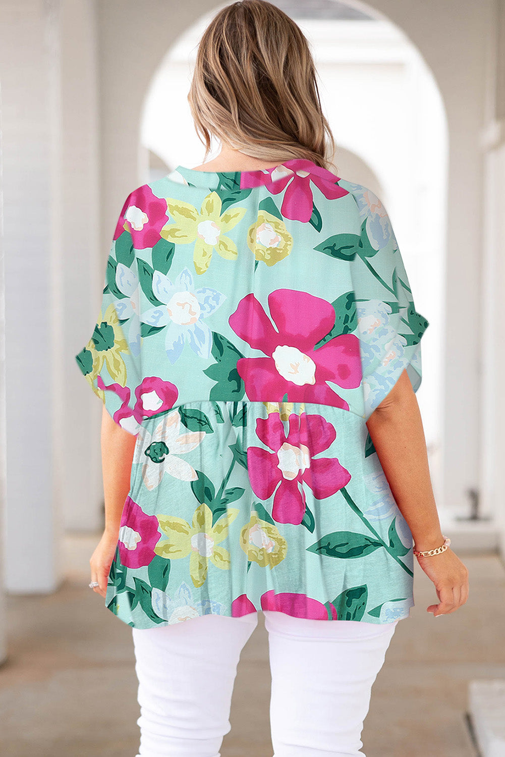 Print V Neck Half Sleeve Plus Size Blouse