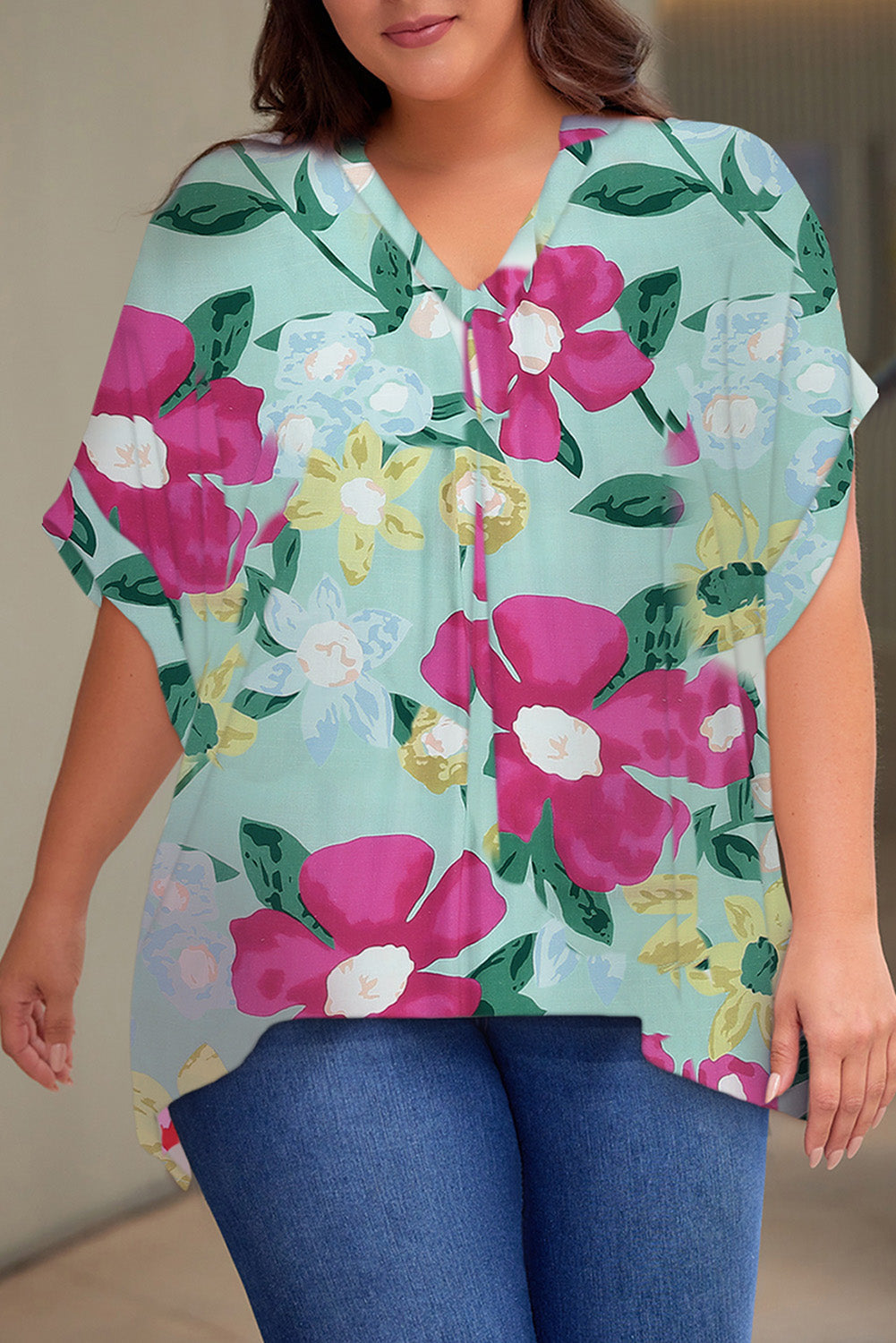 Print V Neck Half Sleeve Plus Size Blouse
