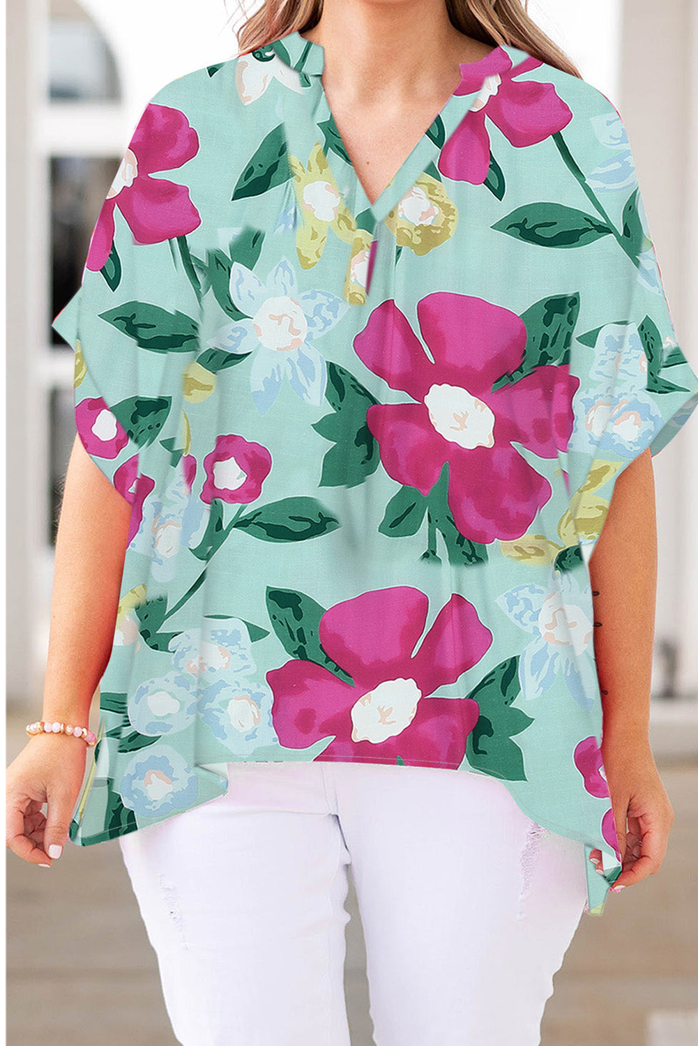 Print V Neck Half Sleeve Plus Size Blouse