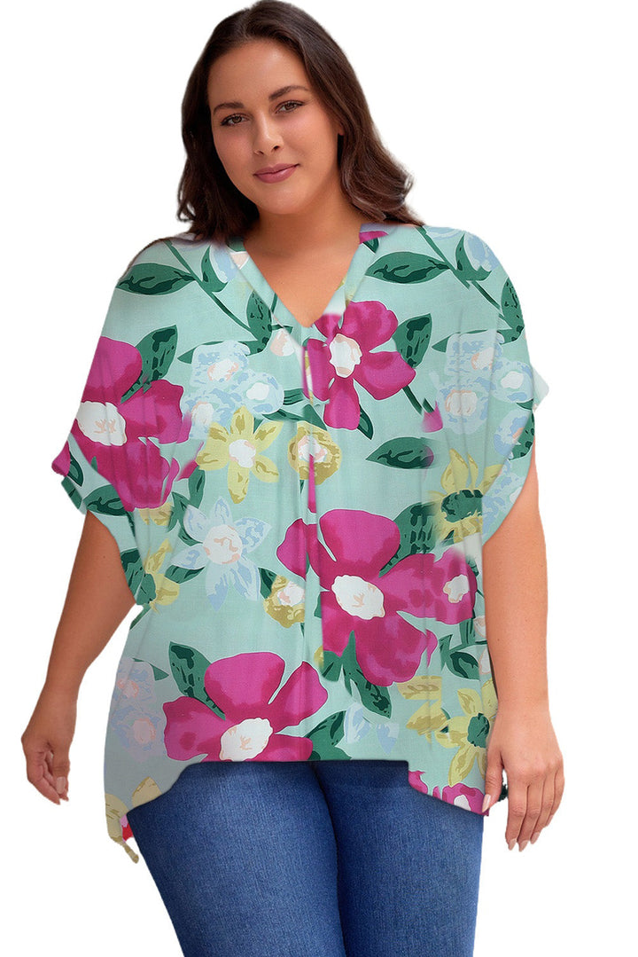 Print V Neck Half Sleeve Plus Size Blouse