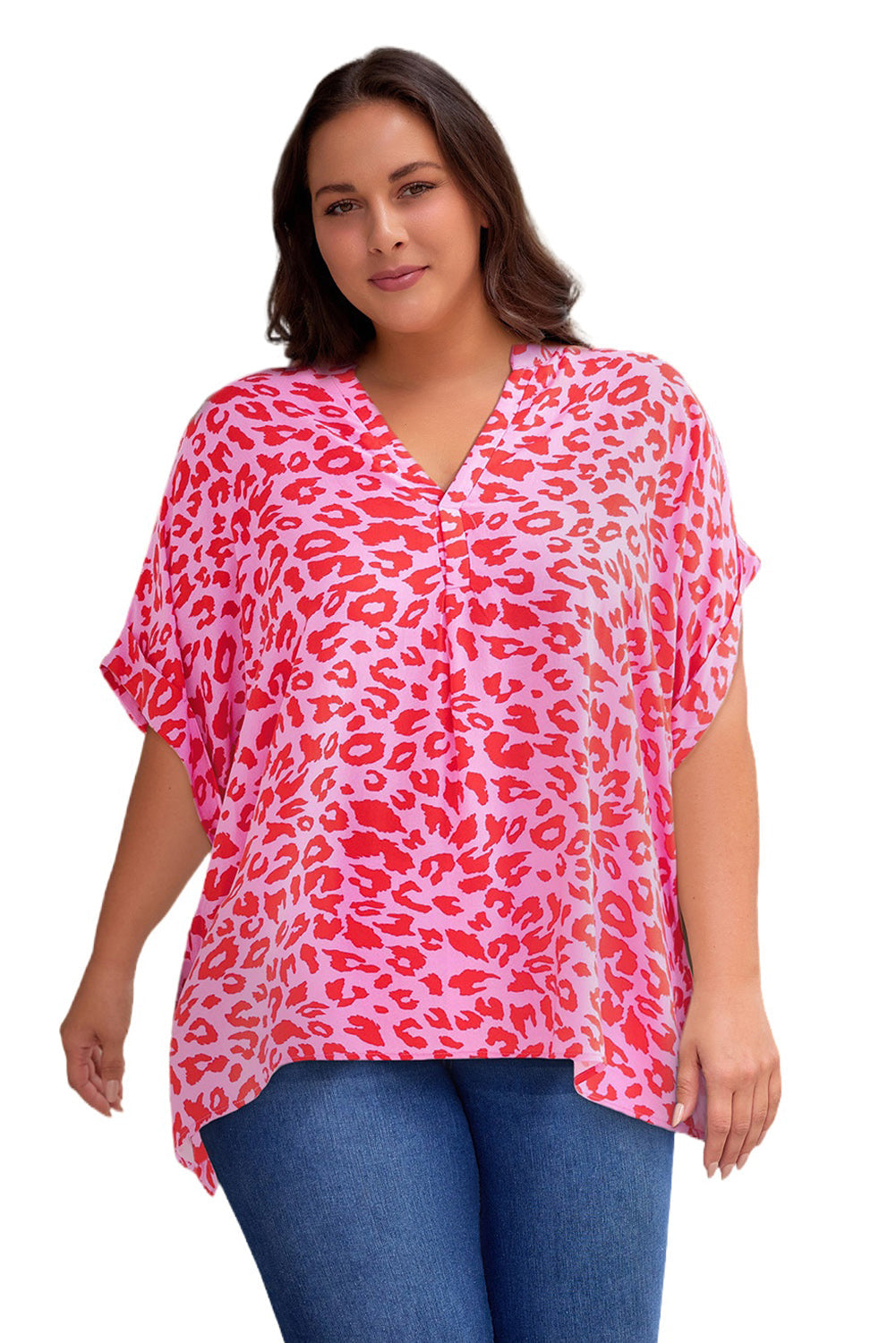 Print V Neck Half Sleeve Plus Size Blouse
