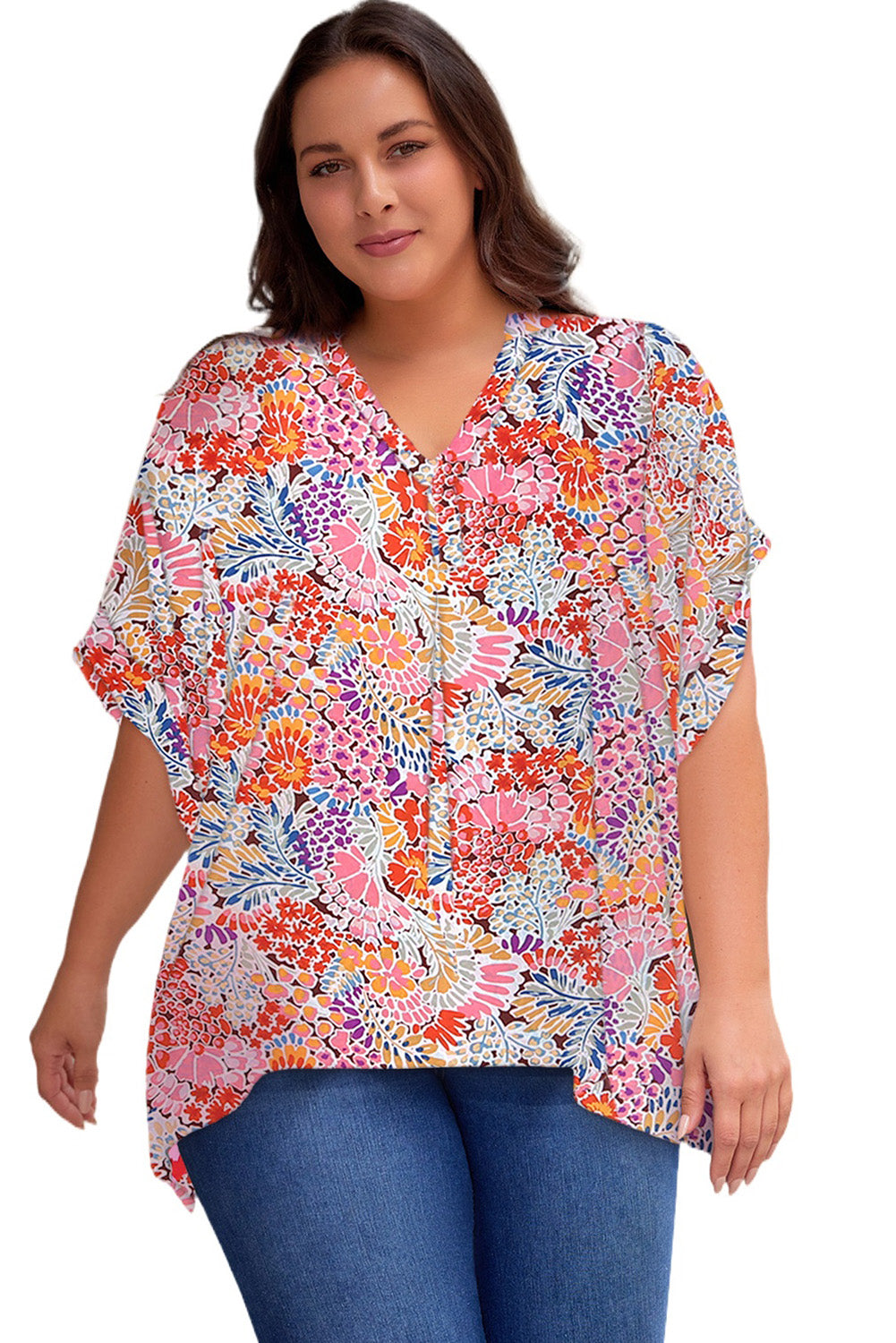 Print V Neck Half Sleeve Plus Size Blouse