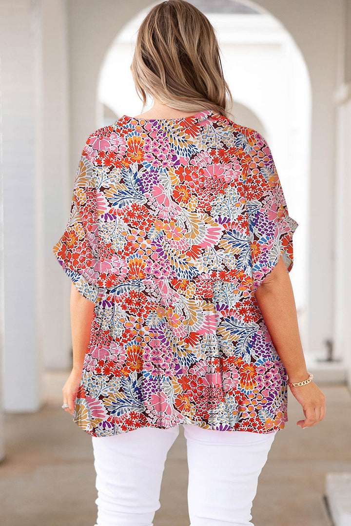 Print V Neck Half Sleeve Plus Size Blouse