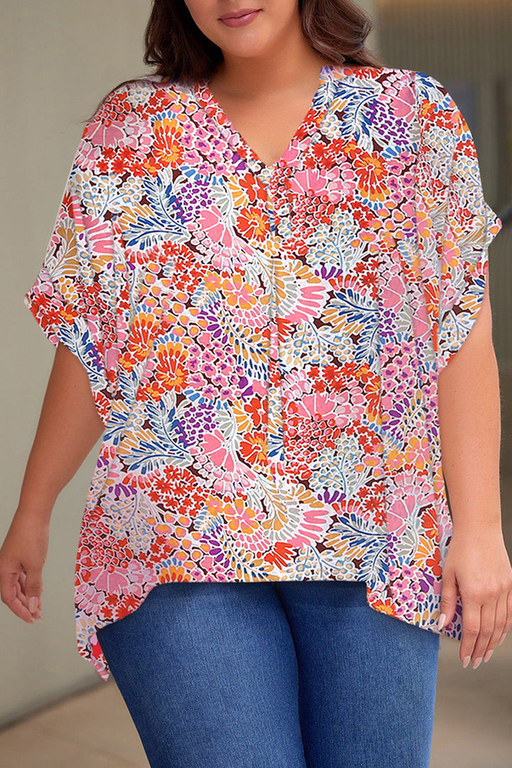 Print V Neck Half Sleeve Plus Size Blouse