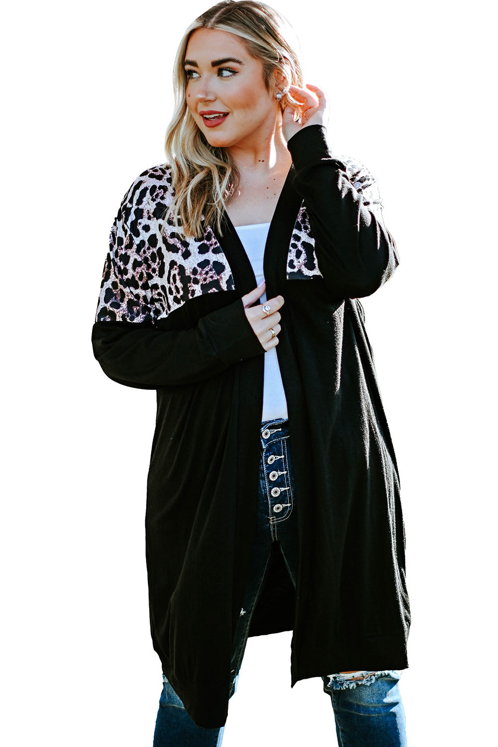 Printed Leopard Detail Plus Size Cardigan