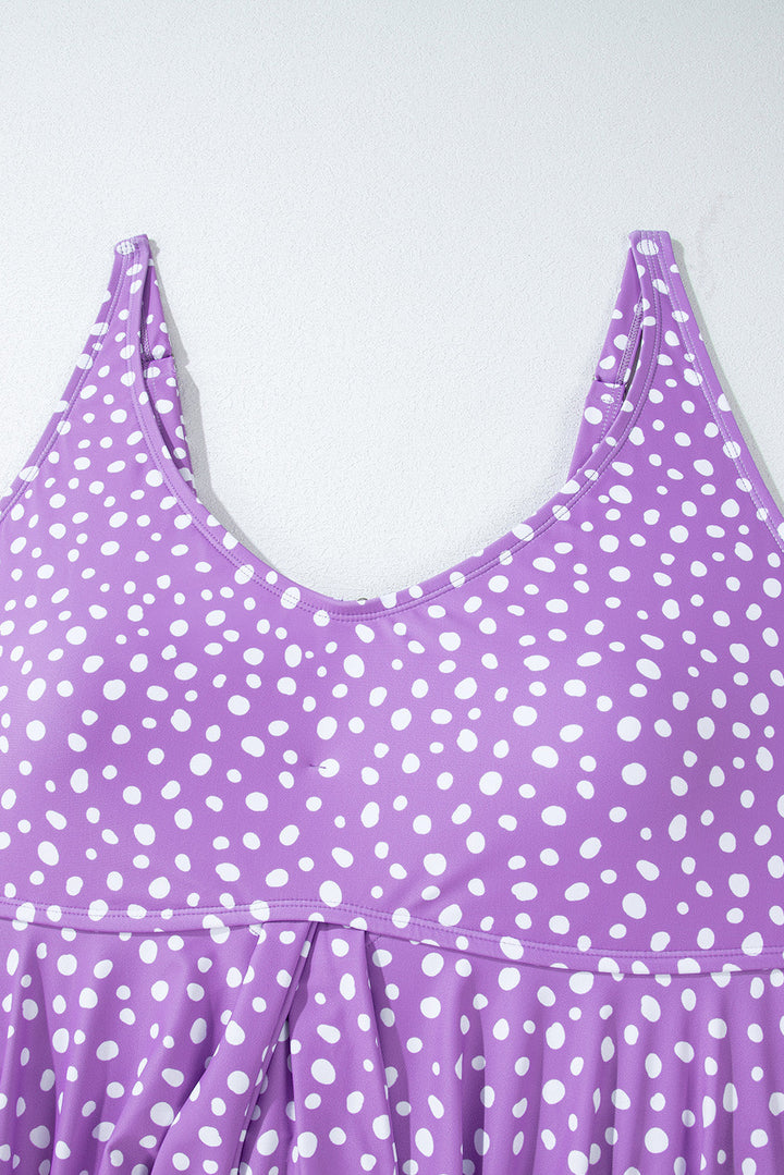 Purple Plus Size Polka Dot Print Ruffled Knotted V Neck Tankini Set